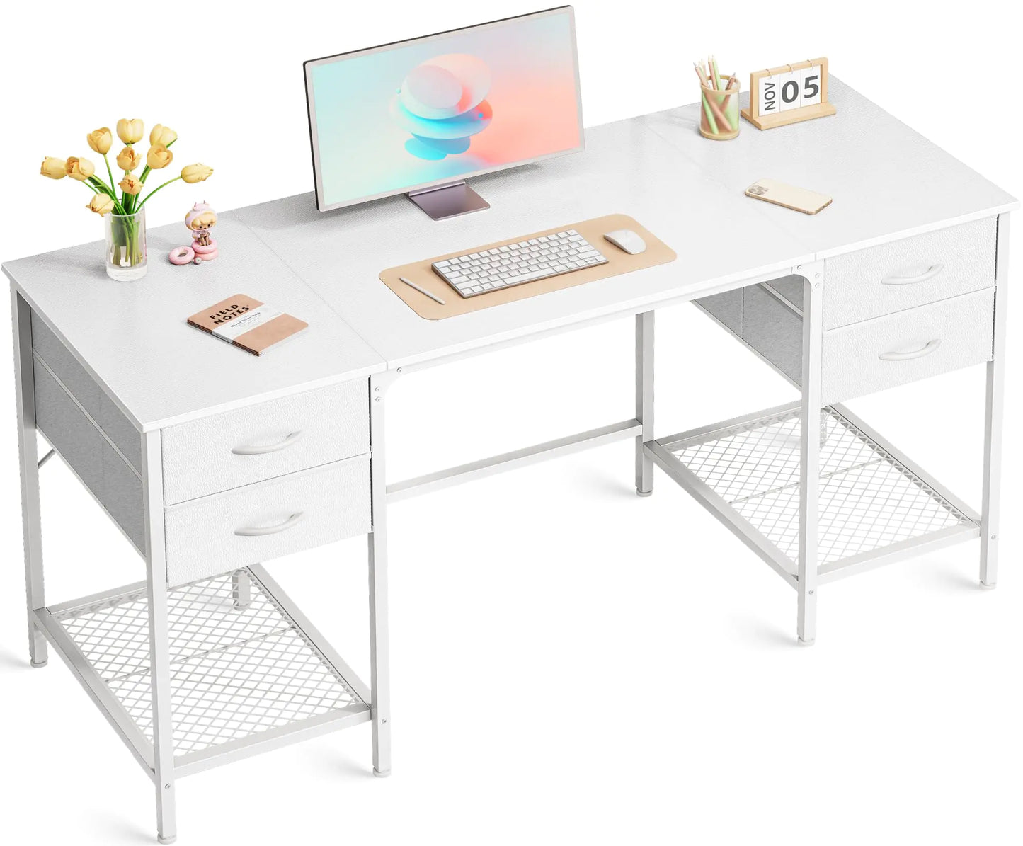 Huuger 55" Home Office Desk with 4 Storage Drawers & Mesh Shelf